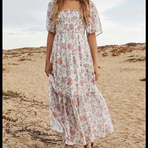 Saltwater Luxe Lula Chiffon Vintage Bouquet Short Sleeve Maxi Dress- WORN ONCE